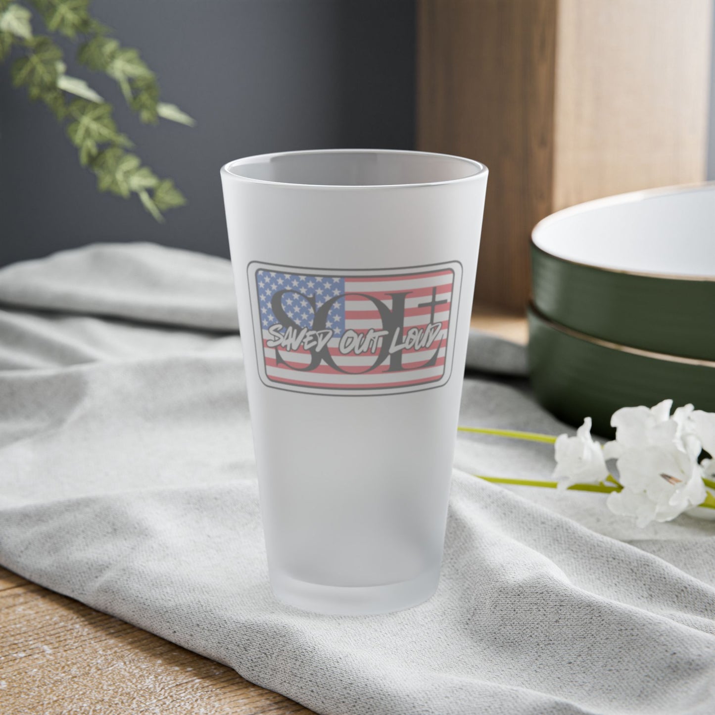 Saved Out Loud Christian Branded Frosted Pint Glass- American Flag