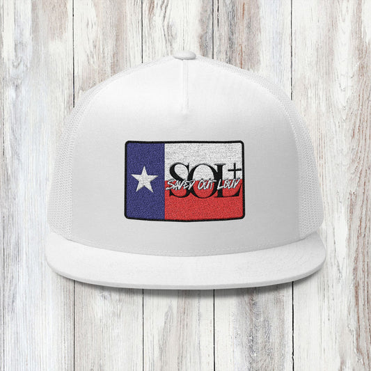 Saved Out Loud Christian Branded 5 Panel Trucker Cap with Embroidery- Texas Flag