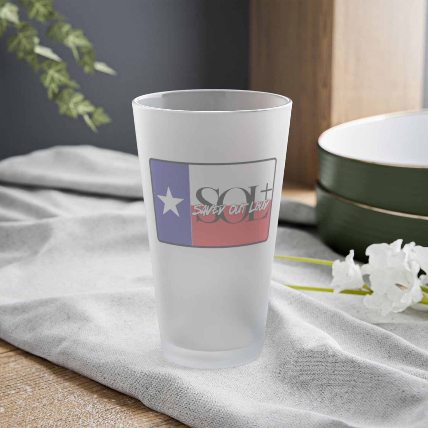 Saved Out Loud Christian Branded Frosted Pint Glass- Texas Flag