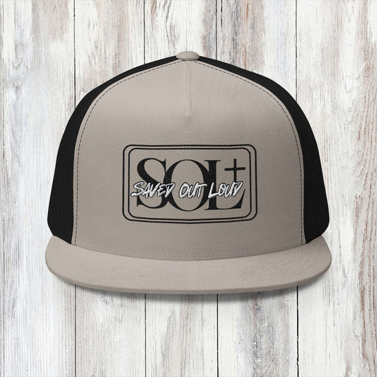 Saved Out Loud Christian Branded 5 Panel Trucker Cap with Embroidery- Black and White Logo