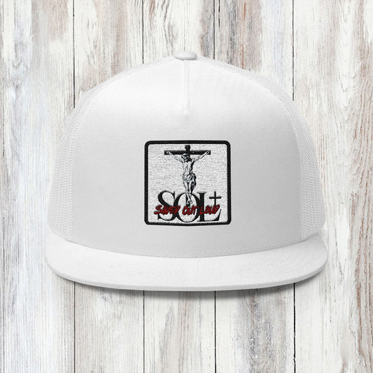 Saved Out Loud Christian Branded 5 Panel Trucker Cap with Embroidery- Jesus on Cross, Red Logo