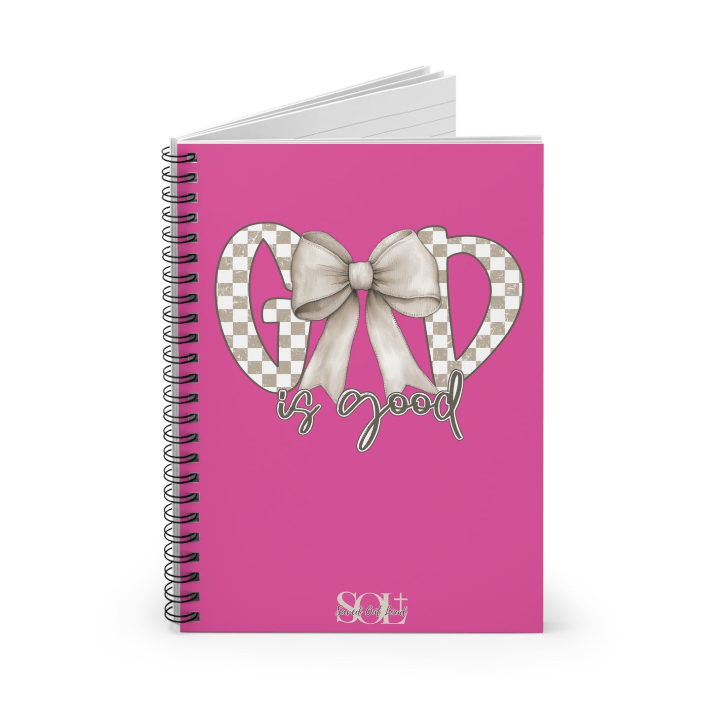 Saved Out Loud Christian Branded Inspirational Notebook- God is Good, Checkered Bow