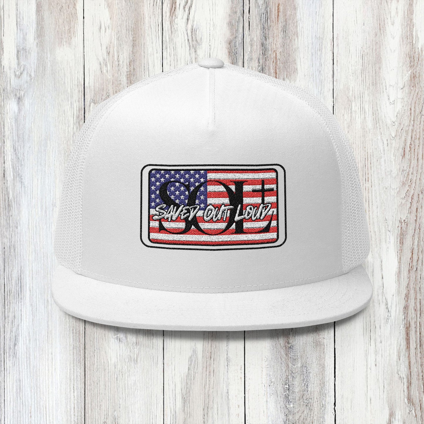 Saved Out Loud Christian Branded 5 Panel Trucker Cap with Embroidery- American Flag