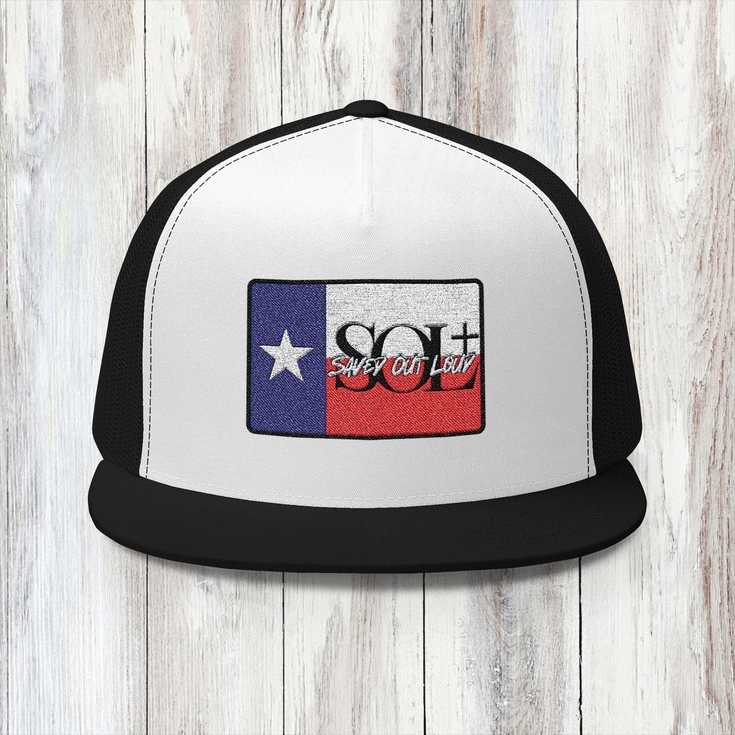 Saved Out Loud Christian Branded 5 Panel Trucker Cap with Embroidery- Texas Flag