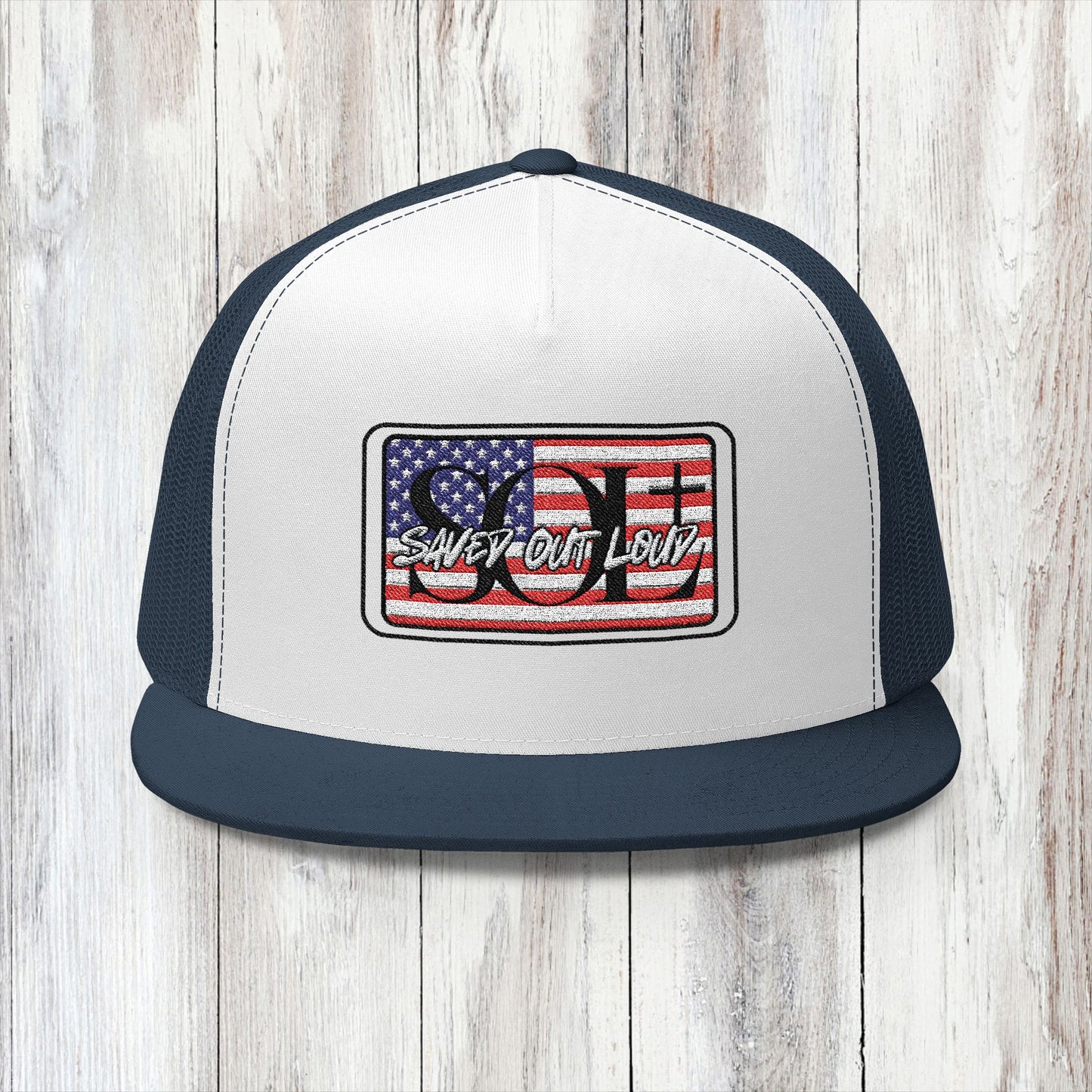 Saved Out Loud Christian Branded 5 Panel Trucker Cap with Embroidery- American Flag