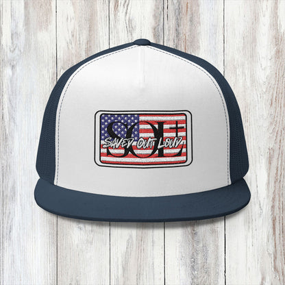 Saved Out Loud Christian Branded 5 Panel Trucker Cap with Embroidery- American Flag