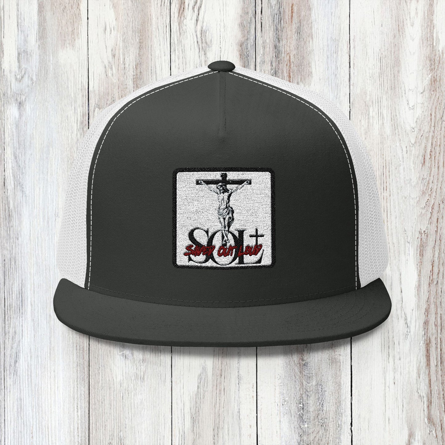 Saved Out Loud Christian Branded 5 Panel Trucker Cap with Embroidery- Jesus on Cross, Red Logo