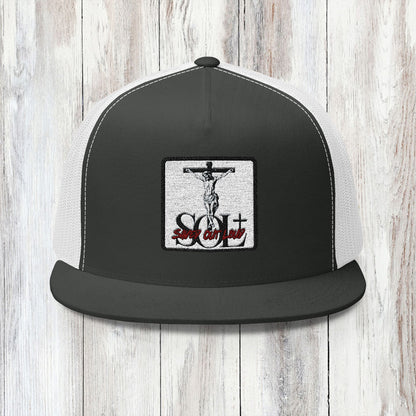 Saved Out Loud Christian Branded 5 Panel Trucker Cap with Embroidery- Jesus on Cross, Red Logo