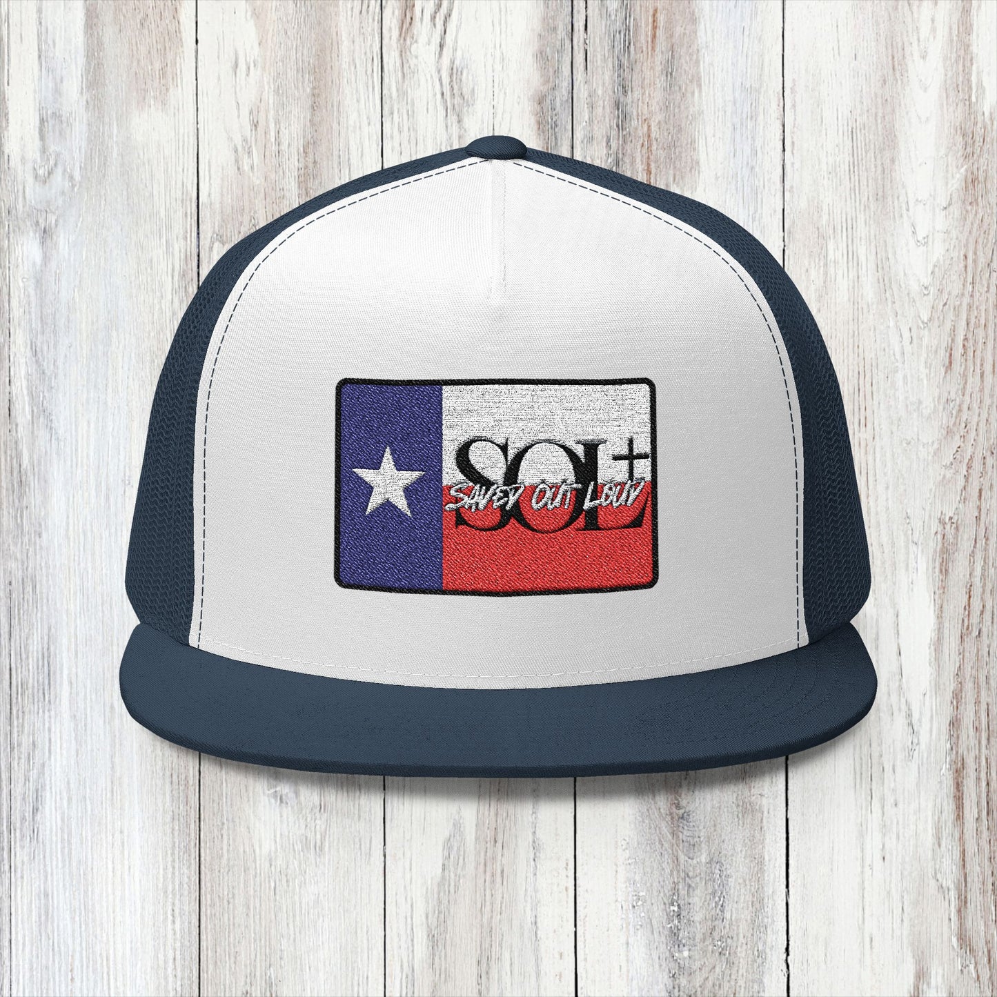 Saved Out Loud Christian Branded 5 Panel Trucker Cap with Embroidery- Texas Flag