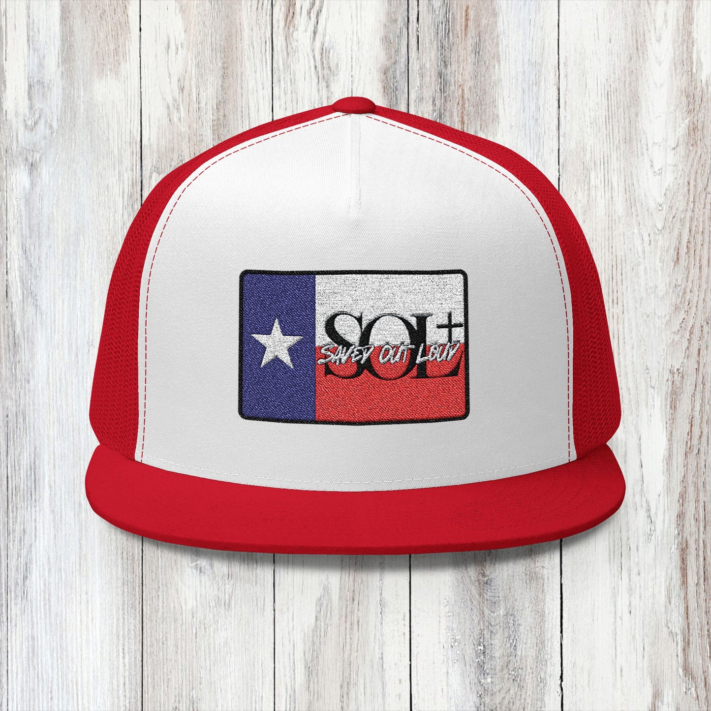 Saved Out Loud Christian Branded 5 Panel Trucker Cap with Embroidery- Texas Flag