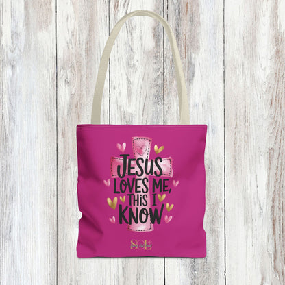 Saved Out Loud Christian Branded Inspirational Tote Bag- Jesus Loves Me, Pink Cross and Hearts