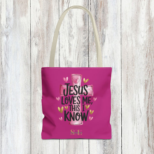 Saved Out Loud Christian Branded Inspirational Tote Bag- Jesus Loves Me, Pink Cross and Hearts