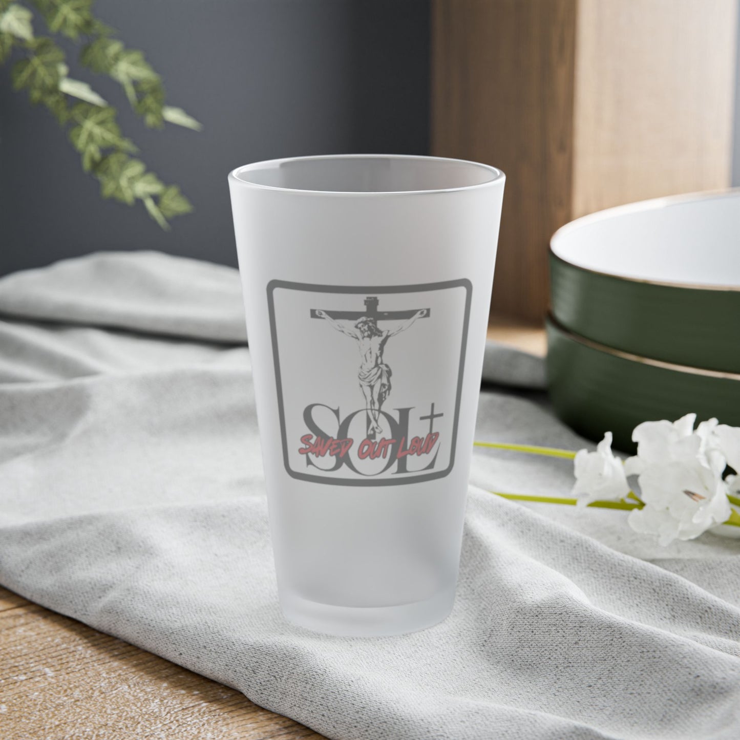 Saved Out Loud Christian Branded Frosted Pint Glass- Jesus on Cross, Red Font