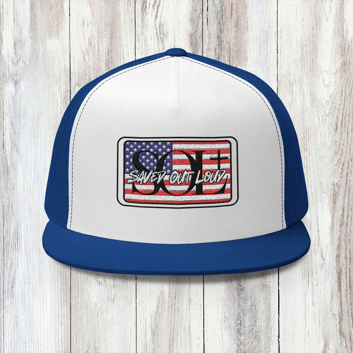 Saved Out Loud Christian Branded 5 Panel Trucker Cap with Embroidery- American Flag