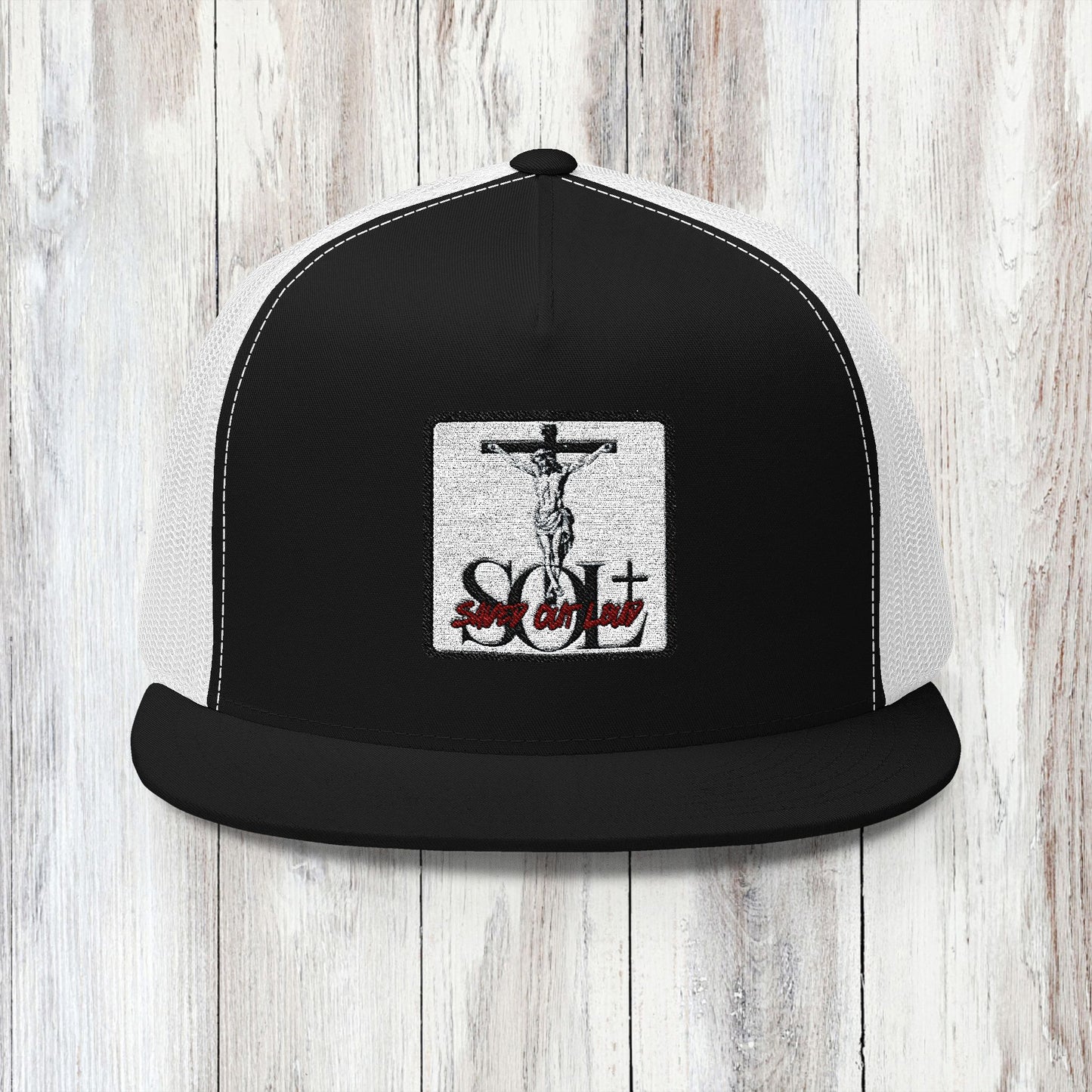 Saved Out Loud Christian Branded 5 Panel Trucker Cap with Embroidery- Jesus on Cross, Red Logo