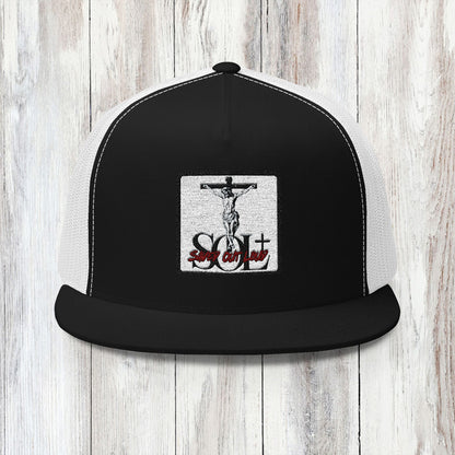 Saved Out Loud Christian Branded 5 Panel Trucker Cap with Embroidery- Jesus on Cross, Red Logo