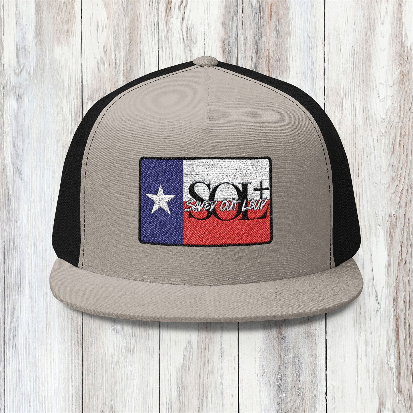 Saved Out Loud Christian Branded 5 Panel Trucker Cap with Embroidery- Texas Flag