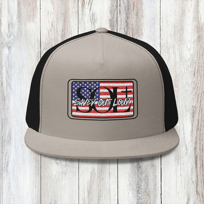 Saved Out Loud Christian Branded 5 Panel Trucker Cap with Embroidery- American Flag