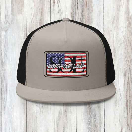 Saved Out Loud Christian Branded 5 Panel Trucker Cap with Embroidery- American Flag