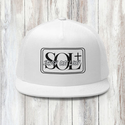 Saved Out Loud Christian Branded 5 Panel Trucker Cap with Embroidery- Black and White Logo