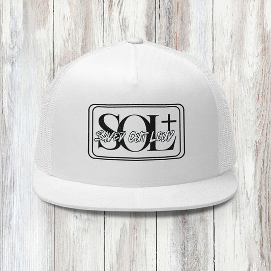 Saved Out Loud Christian Branded 5 Panel Trucker Cap with Embroidery- Black and White Logo