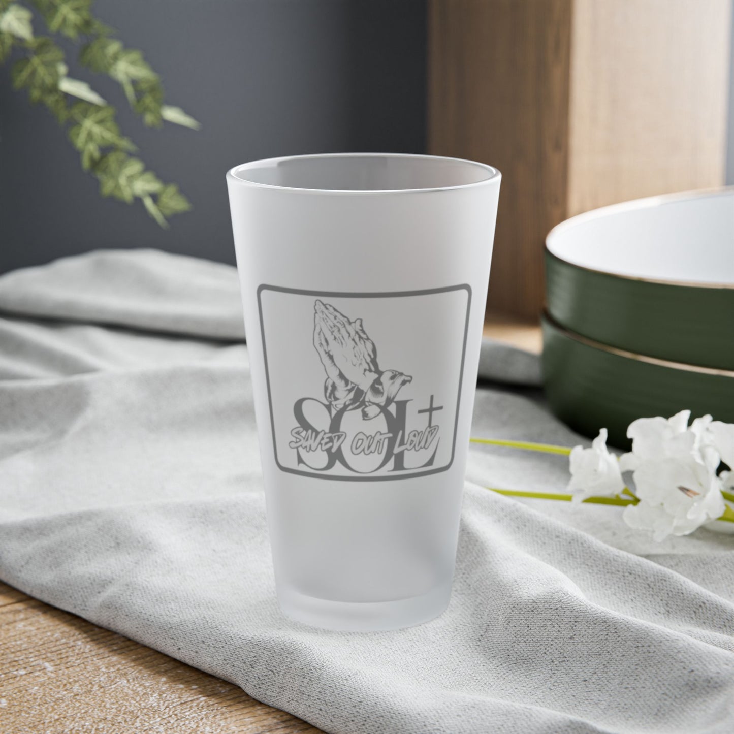 Saved Out Loud Christian Branded Frosted Pint Glass- Praying Hands