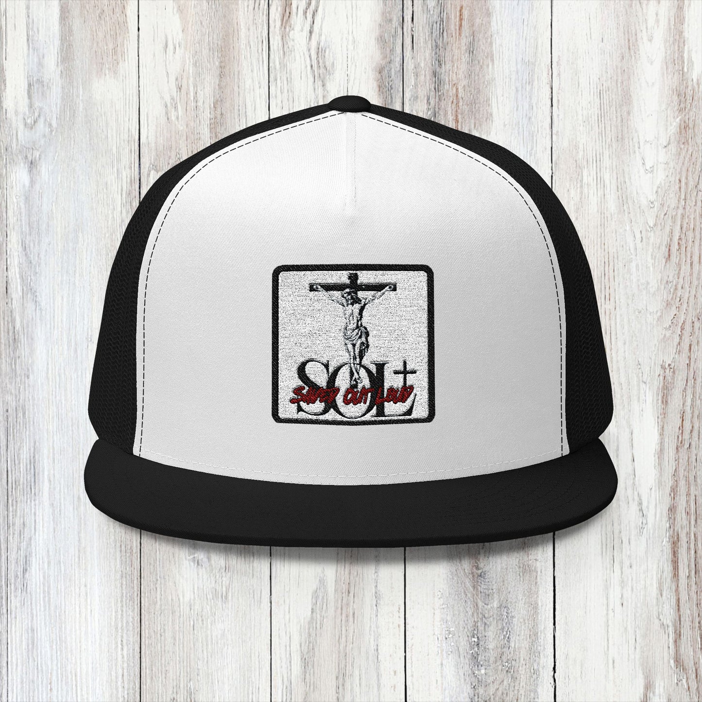 Saved Out Loud Christian Branded 5 Panel Trucker Cap with Embroidery- Jesus on Cross, Red Logo