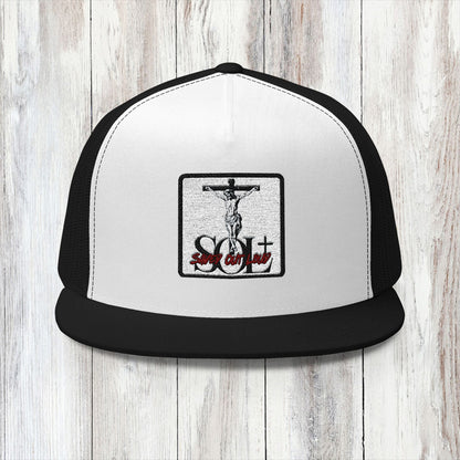 Saved Out Loud Christian Branded 5 Panel Trucker Cap with Embroidery- Jesus on Cross, Red Logo
