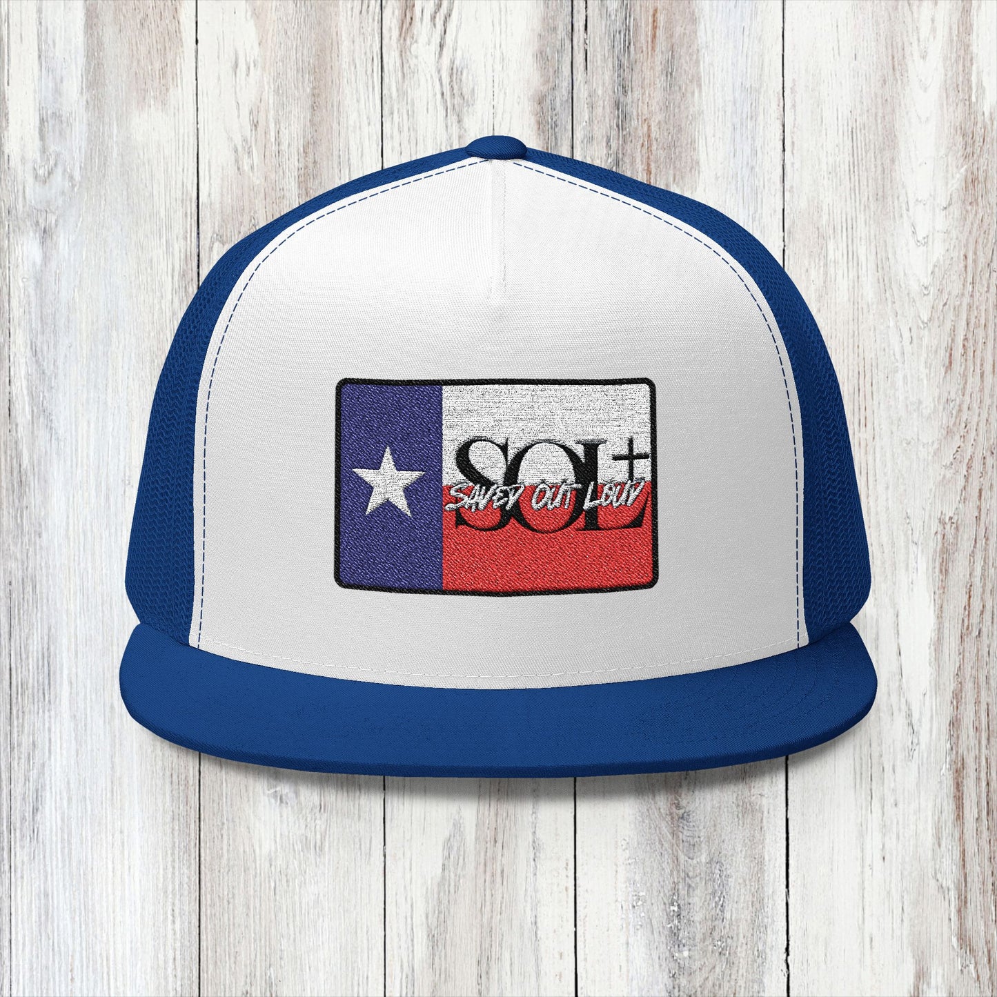 Saved Out Loud Christian Branded 5 Panel Trucker Cap with Embroidery- Texas Flag