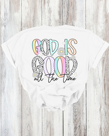 Saved Out Loud Christian Branded Unisex Statement T-shirt- God is Good All the Time, Pastel Multi Color Pattern