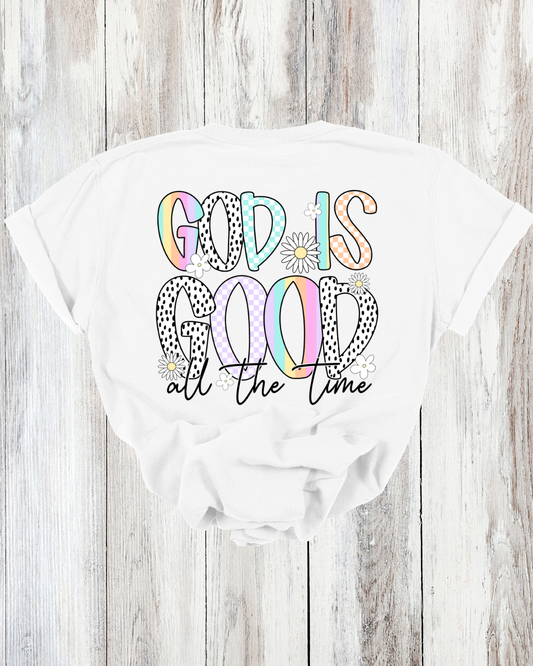 Saved Out Loud Christian Branded Unisex Statement T-shirt- God is Good All the Time, Pastel Multi Color Pattern