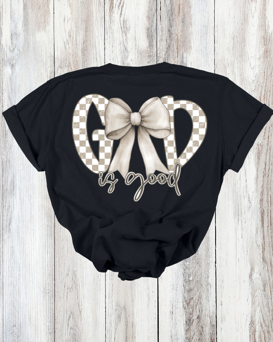 Saved Out Loud Christian Branded Unisex Statement T-shirt- God is Good, Checkered Bow
