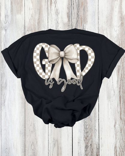Saved Out Loud Christian Branded Unisex Statement T-shirt- God is Good, Checkered Bow