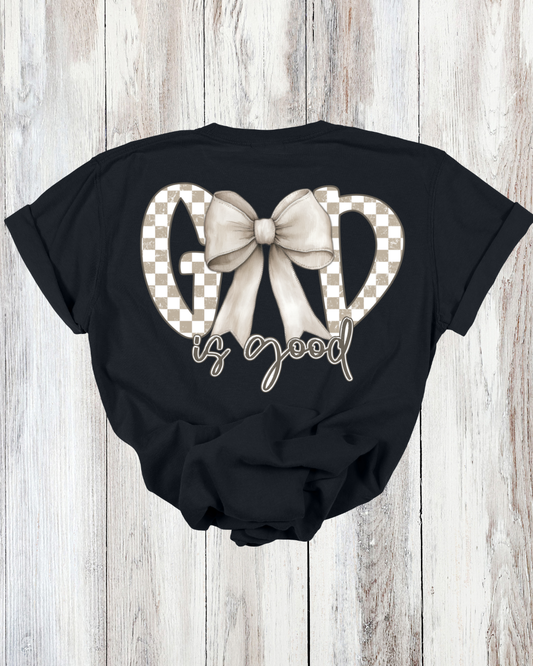 Saved Out Loud Christian Branded Unisex Statement T-shirt- God is Good, Checkered Bow