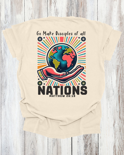 Saved Out Loud Christian Branded Unisex Statement T-shirt- Go Make Disciples of all Nations, Matthew, Earth in Hands