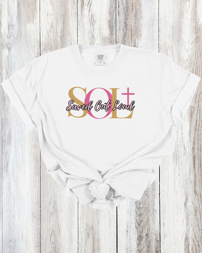 Saved Out Loud Christian Branded Unisex Statement T-shirt- Jesus Loves Me, Pink Cross, Hearts