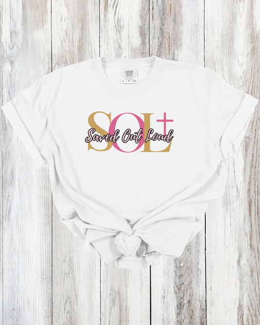 Saved Out Loud Christian Branded Unisex Statement T-shirt- Jesus Loves Me, Pink Cross, Hearts