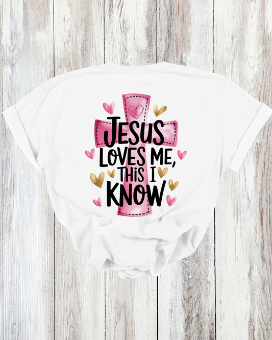 Saved Out Loud Christian Branded Unisex Statement T-shirt- Jesus Loves Me, Pink Cross, Hearts