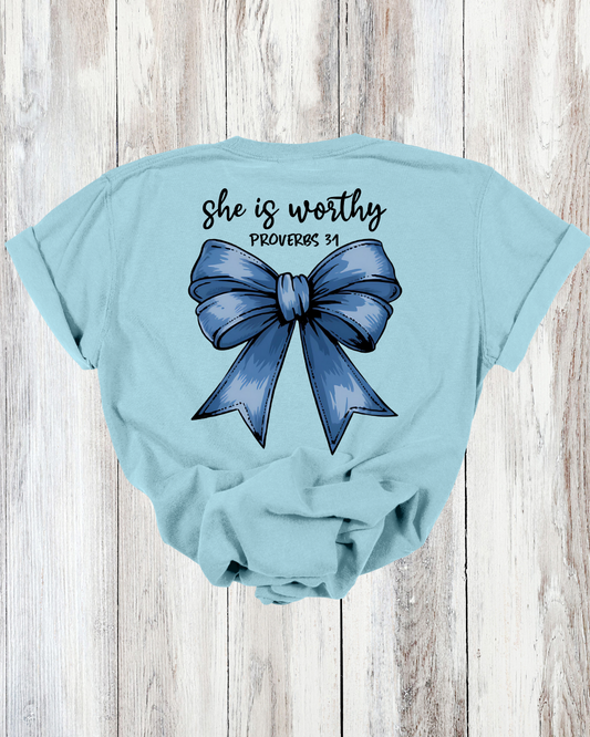 Saved Out Loud Christian Branded Unisex Statement T-shirt- She is Worthy, Proverbs, Bow