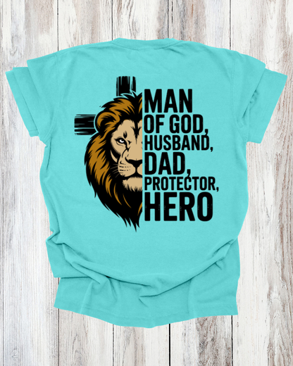 Saved Out Loud Christian Branded Unisex Statement T-shirt- Man of God, Lion and Cross