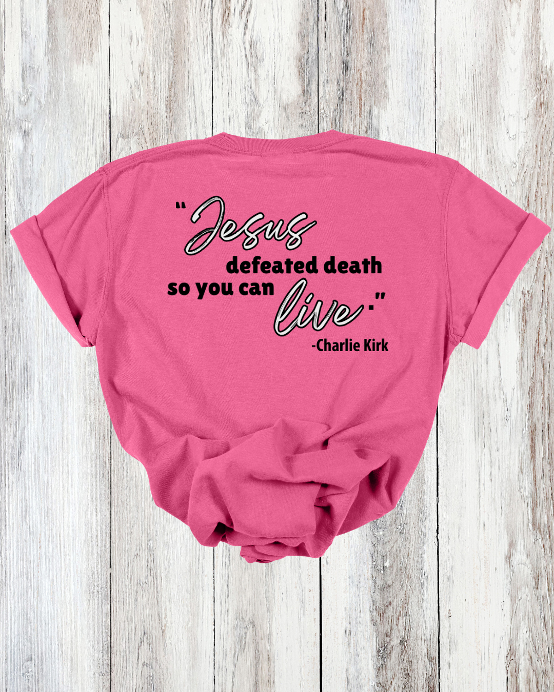 Saved Out Loud Christian Branded Unisex Statement T-shirt- Charlie, Jesus Defeated Death Quote, Christian Faith Activist