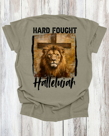 Saved Out Loud Christian Branded Unisex Statement T-shirt- Hard Fought Hallelujah, Lion and Cross