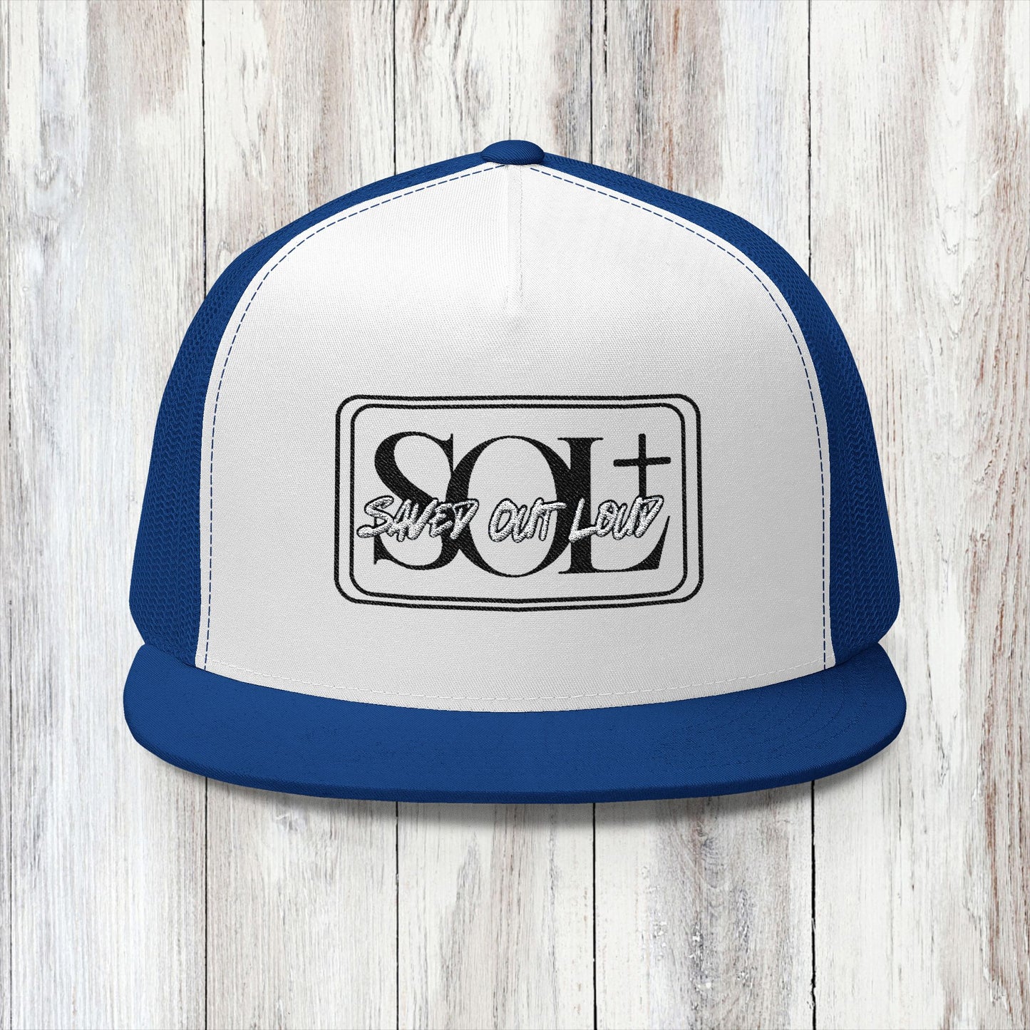 Saved Out Loud Christian Branded 5 Panel Trucker Cap with Embroidery- Black and White Logo