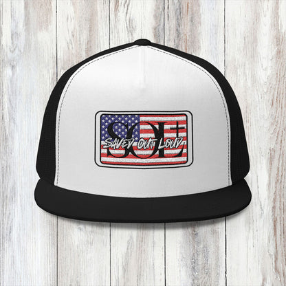 Saved Out Loud Christian Branded 5 Panel Trucker Cap with Embroidery- American Flag