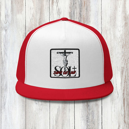 Saved Out Loud Christian Branded 5 Panel Trucker Cap with Embroidery- Jesus on Cross, Red Logo