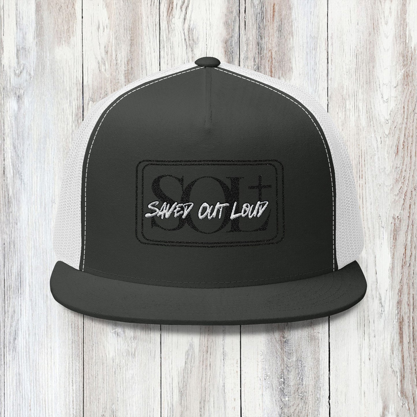 Saved Out Loud Christian Branded 5 Panel Trucker Cap with Embroidery- Black and White Logo