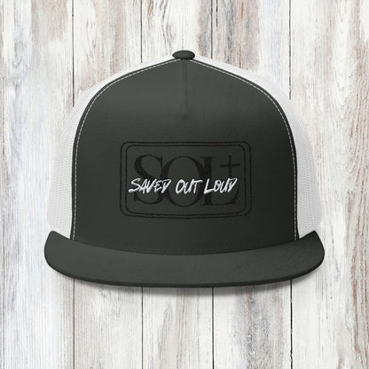 Saved Out Loud Christian Branded 5 Panel Trucker Cap with Embroidery- Black and White Logo