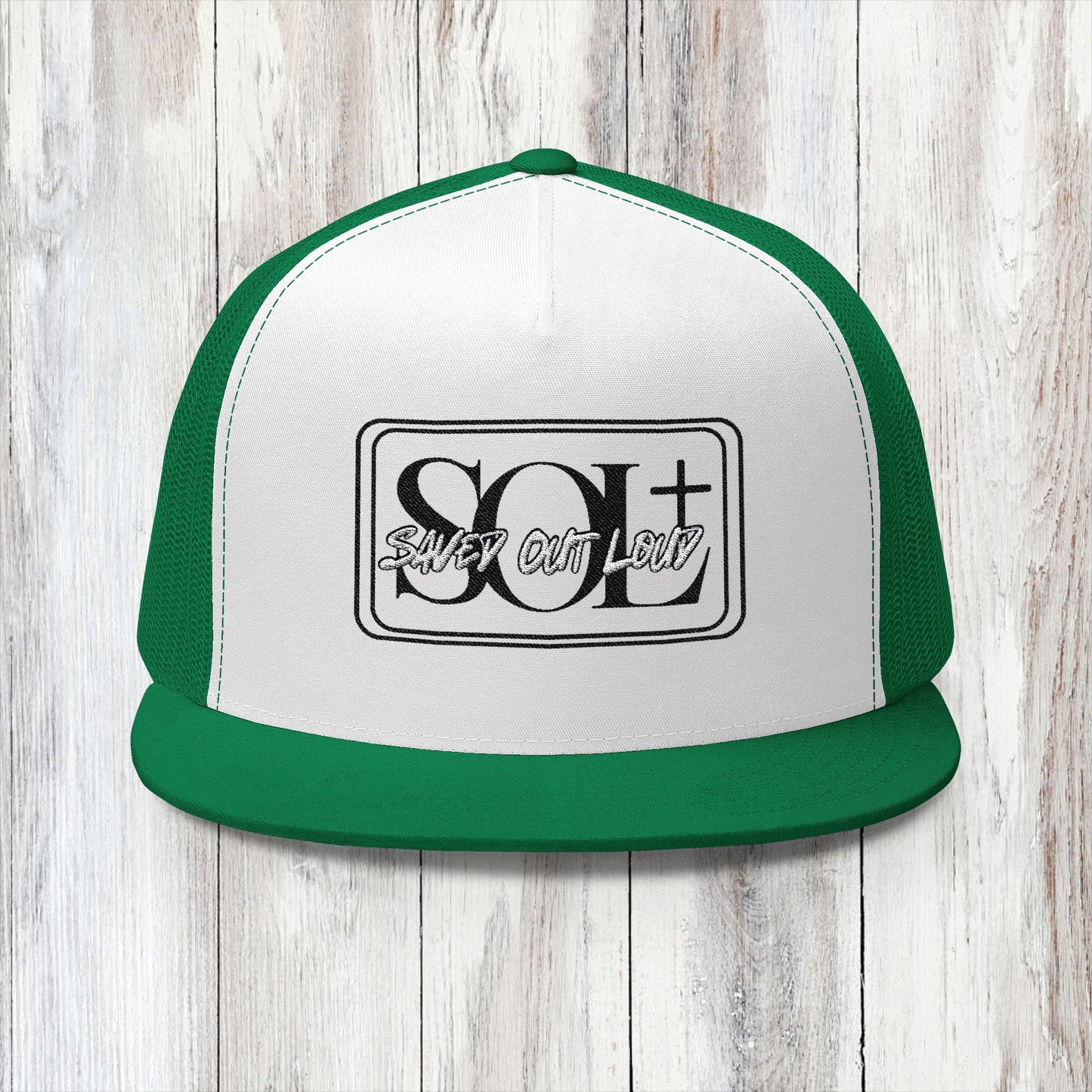 Saved Out Loud Christian Branded 5 Panel Trucker Cap with Embroidery- Black and White Logo