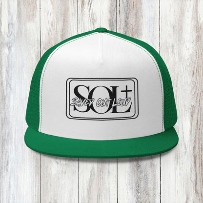 Saved Out Loud Christian Branded 5 Panel Trucker Cap with Embroidery- Black and White Logo
