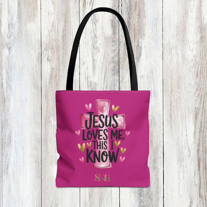 Saved Out Loud Christian Branded Inspirational Tote Bag- Jesus Loves Me, Pink Cross and Hearts